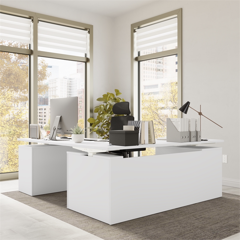 Stratus 72W Standing L Desk with Drawers in White - Engineered Wood