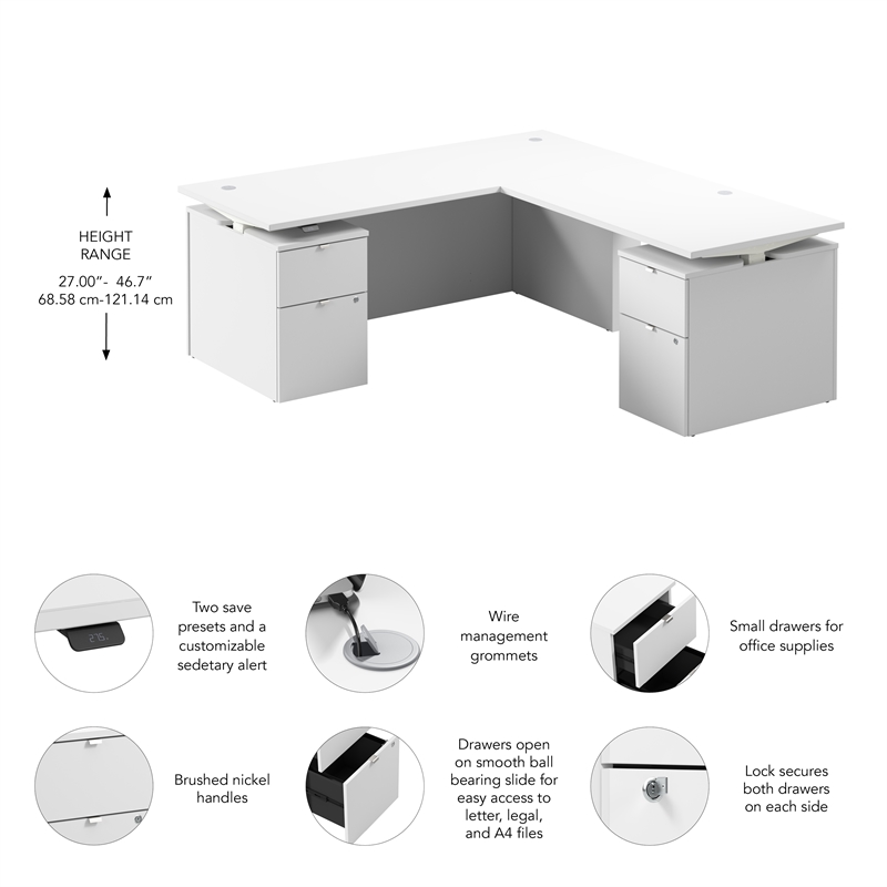 Stratus 72W Standing L Desk with Drawers in White - Engineered Wood