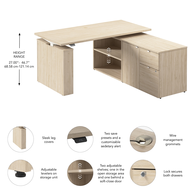Stratus 60W x 30D Standing Desk with Storage in Natural Elm - Engineered Wood