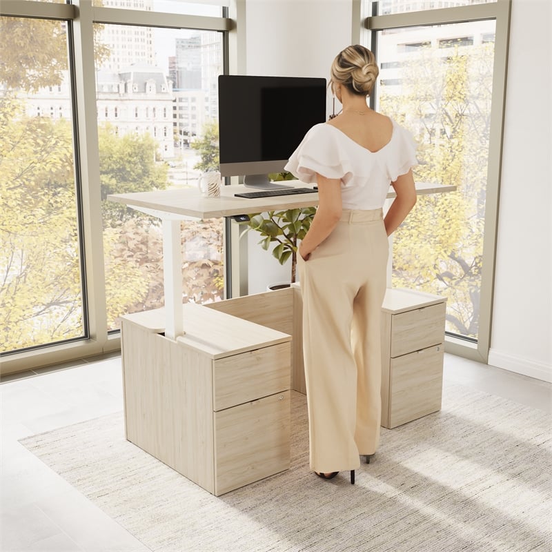 Stratus 60W Standing Desk with Drawers & Panel in Natural Elm - Engineered Wood