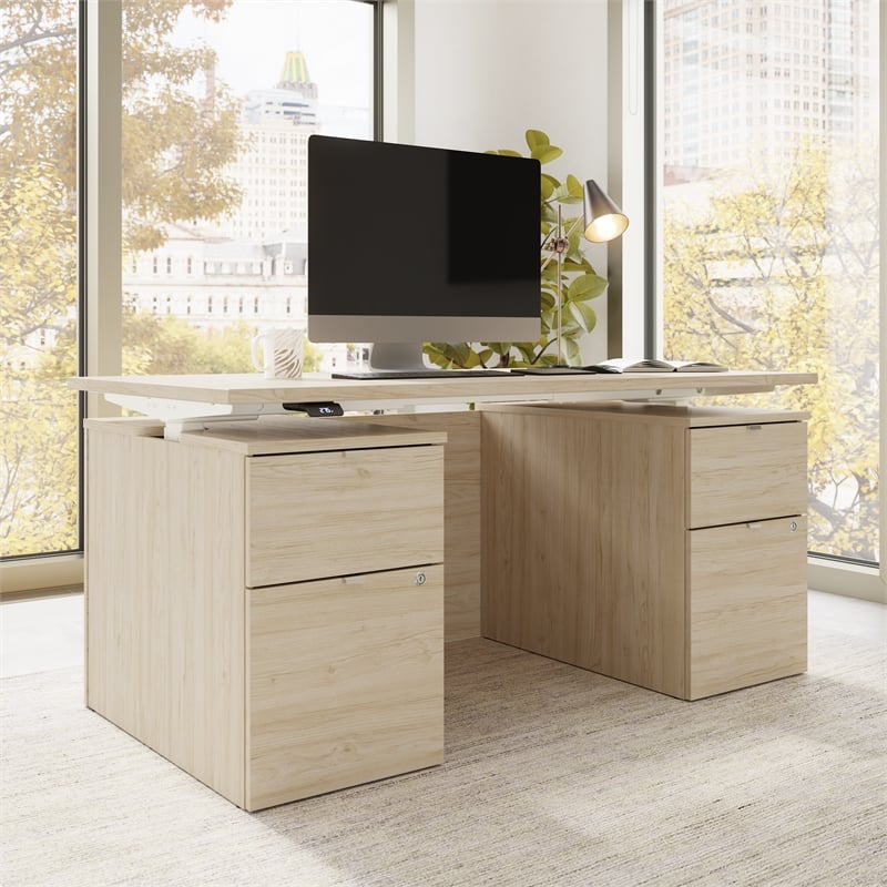 Stratus 60W Standing Desk with Drawers & Panel in Natural Elm - Engineered Wood