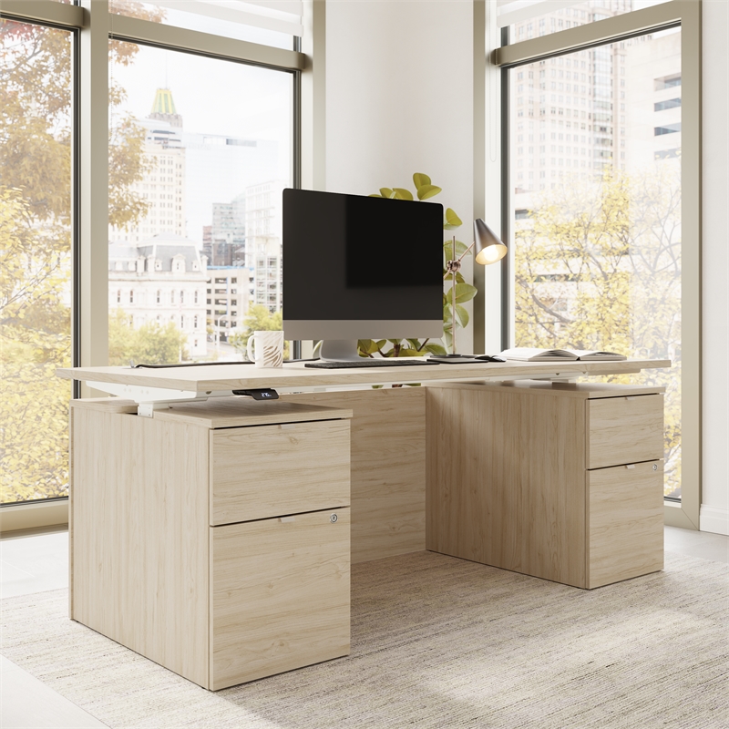 Stratus 72W Standing Desk with Drawers & Panel in Natural Elm - Engineered Wood