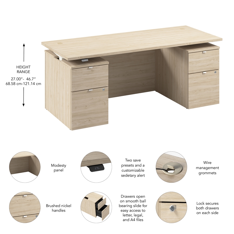 Stratus 72W Standing Desk with Drawers & Panel in Natural Elm - Engineered Wood