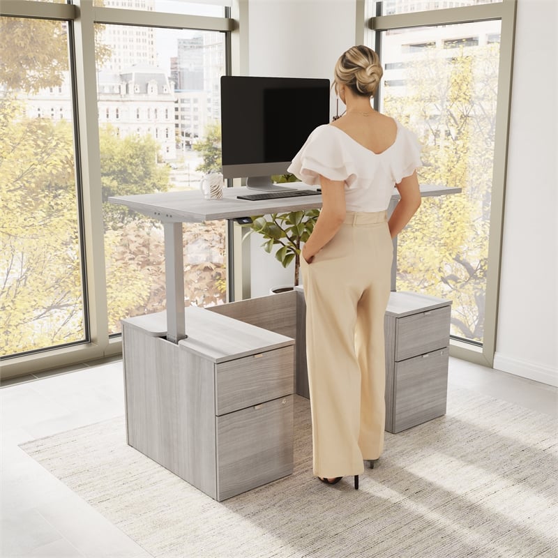 Stratus 60W Standing Desk with Drawers & Panel in Platinum Gray -Engineered Wood