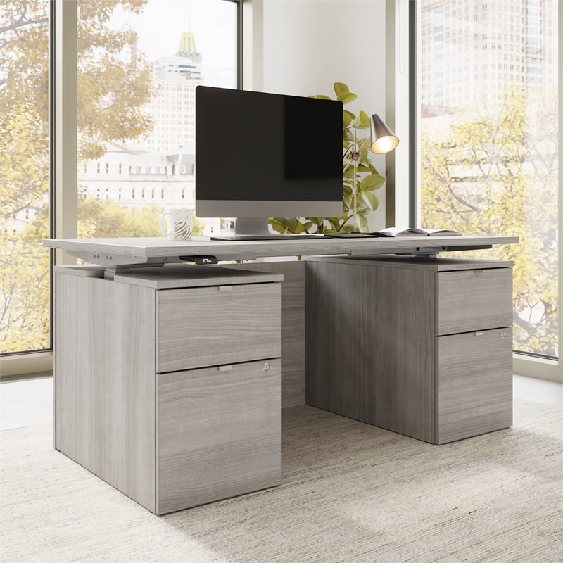 Stratus 60W Standing Desk with Drawers & Panel in Platinum Gray -Engineered Wood