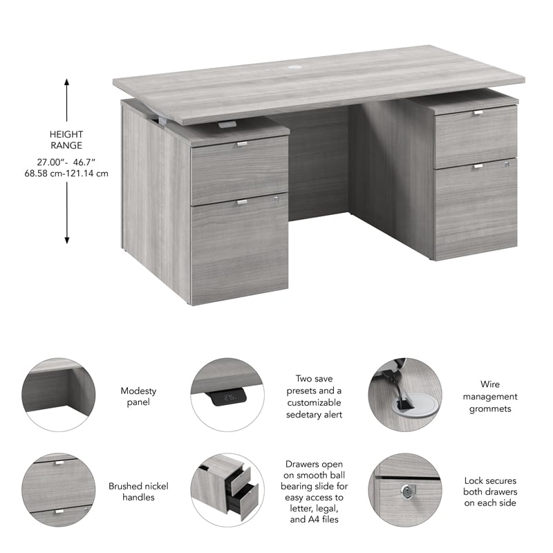 Stratus 60W Standing Desk with Drawers & Panel in Platinum Gray -Engineered Wood