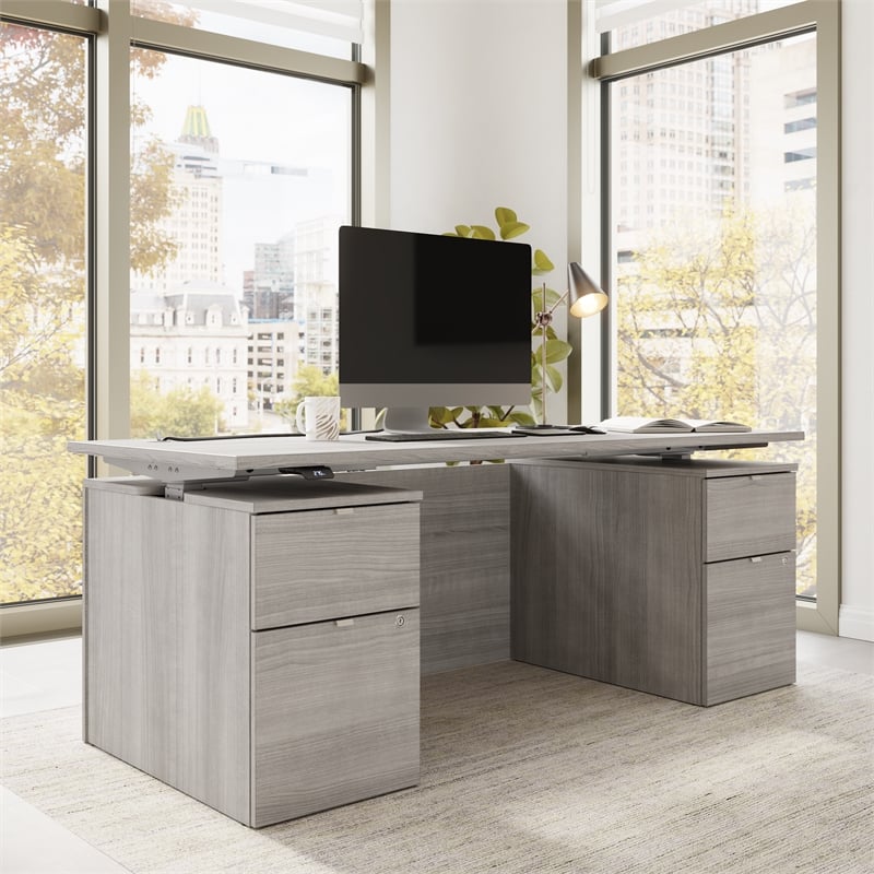 Stratus 72W Standing Desk with Drawers & Panel in Platinum Gray -Engineered Wood