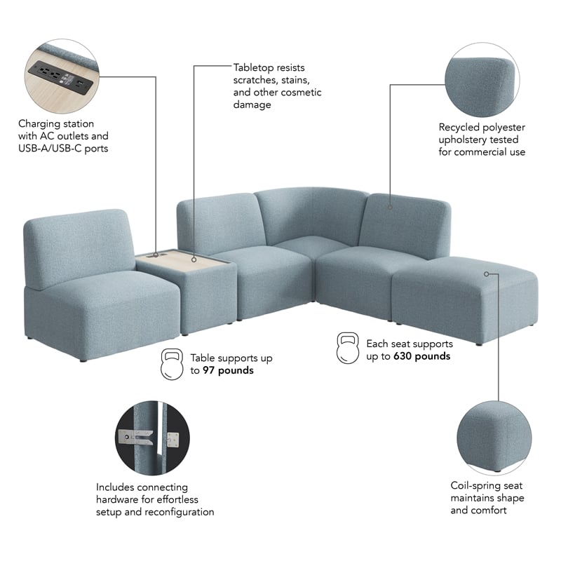 Assemble Modular 5 Seat L Shaped Sectional with Charging Station in Mist Fabric