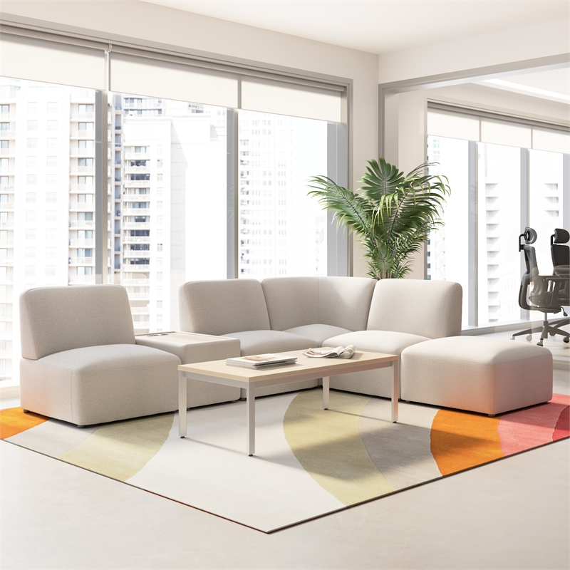 Assemble Modular 5 Seat L Shaped Sectional with Charging Station in Oat Fabric