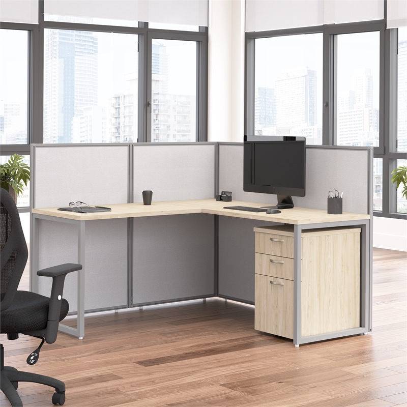 Easy Office L Shaped Cubicle Desk with Drawers in Natural Elm - Engineered Wood