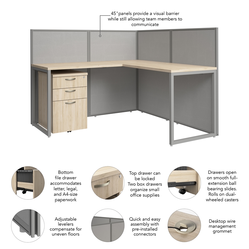Easy Office L Shaped Cubicle Desk with Drawers in Natural Elm - Engineered Wood