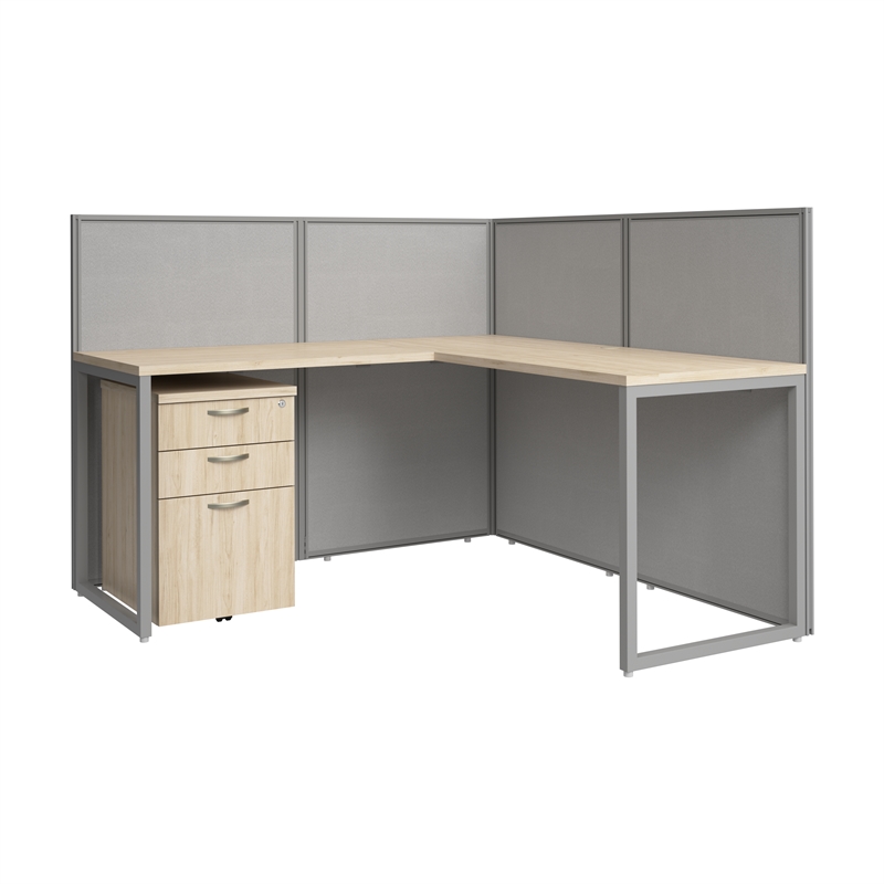 Easy Office L Shaped Cubicle Desk with Drawers in Natural Elm - Engineered Wood