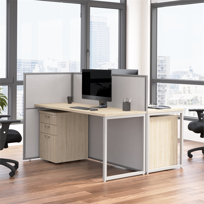 Easy Office 2 Person Cubicle Desk with Drawers in Natural Elm - Engineered Wood