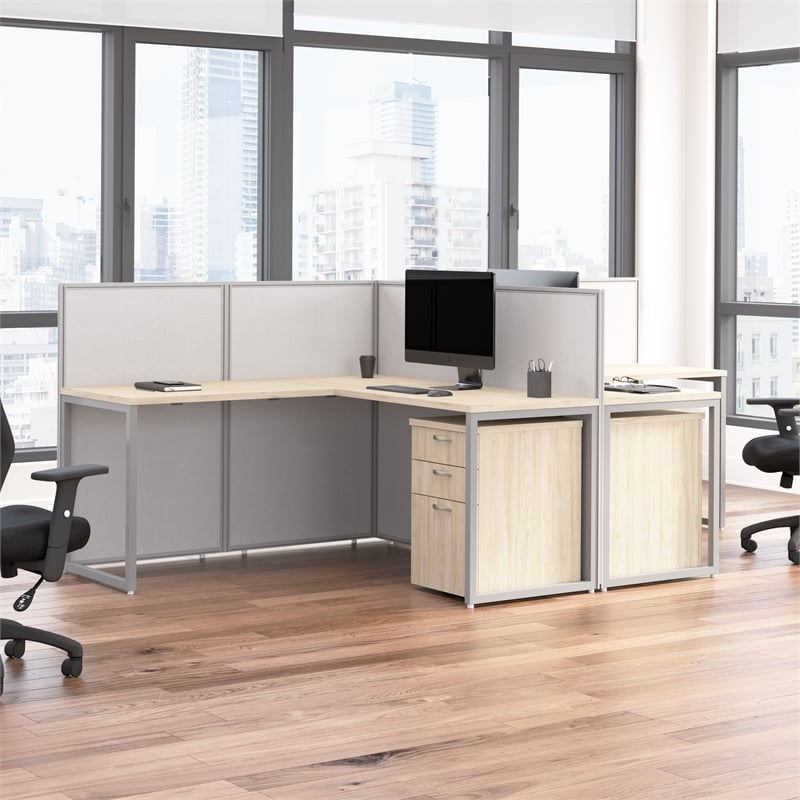 Easy Office 2 Person L Cubicle Desk w/ Drawers in Natural Elm - Engineered Wood
