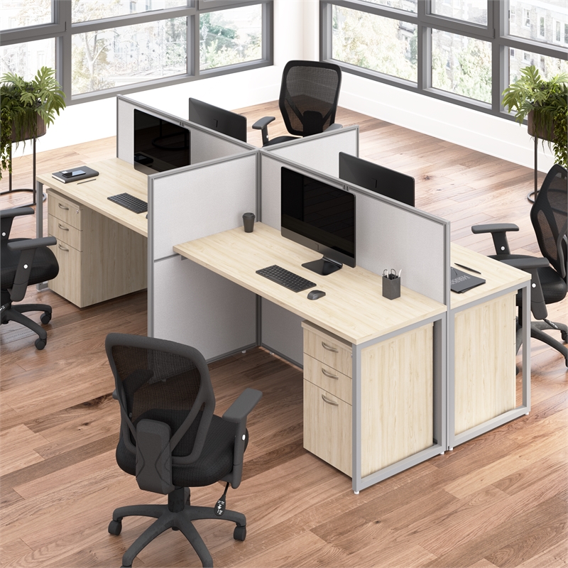 Easy Office 4 Person Cubicle Desk with Drawers in Natural Elm - Engineered Wood