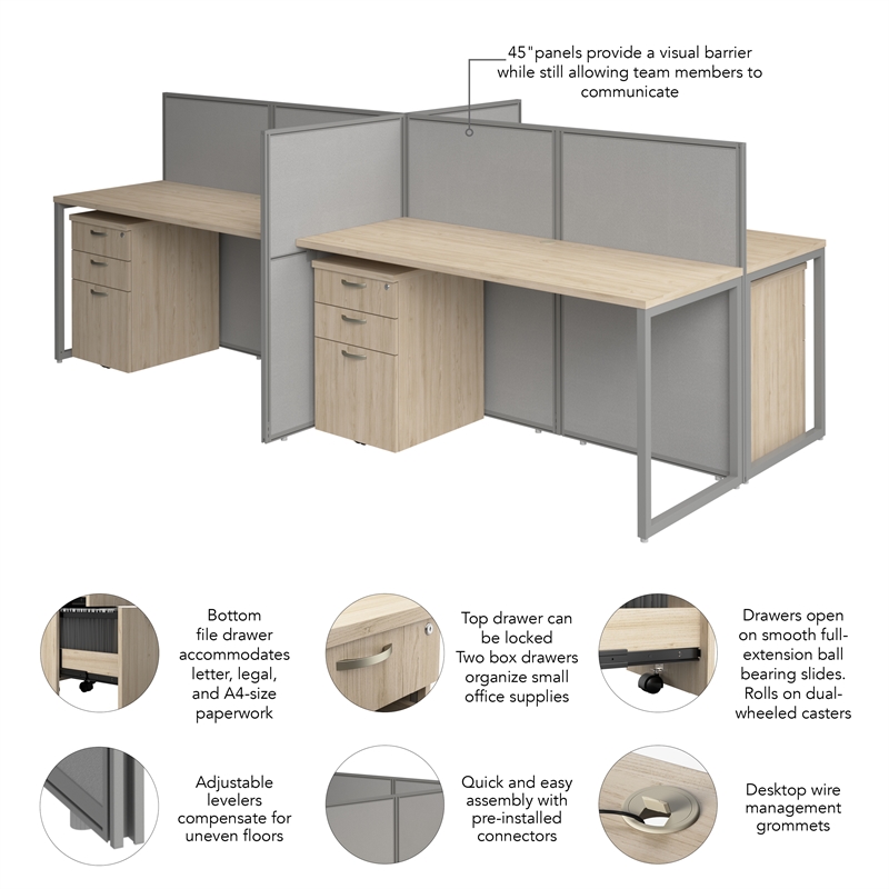 Easy Office 4 Person Cubicle Desk with Drawers in Natural Elm - Engineered Wood