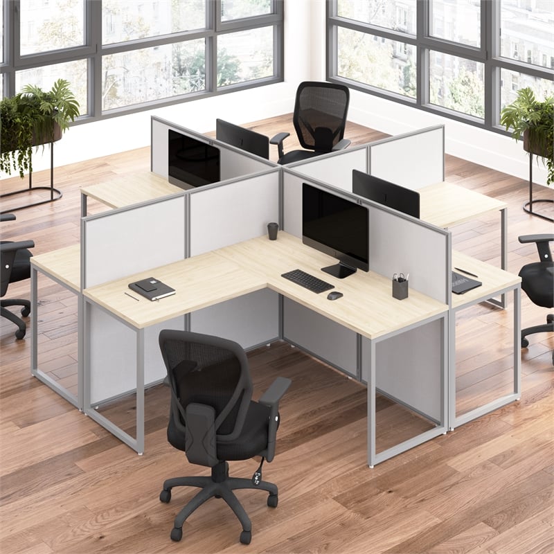 Easy Office 4 Person L Shaped Cubicle Desk in Natural Elm - Engineered Wood
