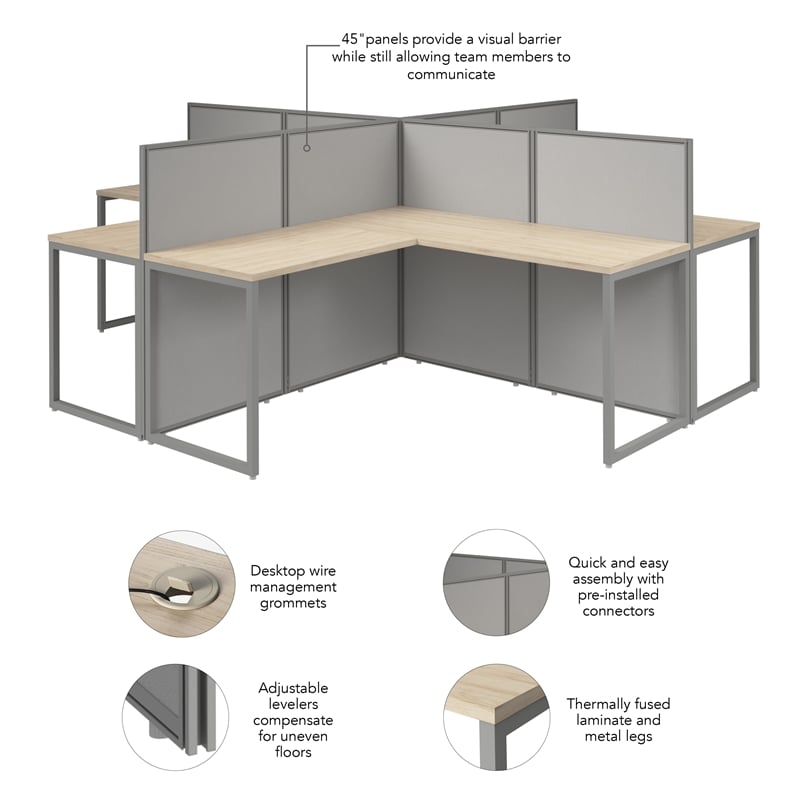 Easy Office 4 Person L Shaped Cubicle Desk in Natural Elm - Engineered Wood