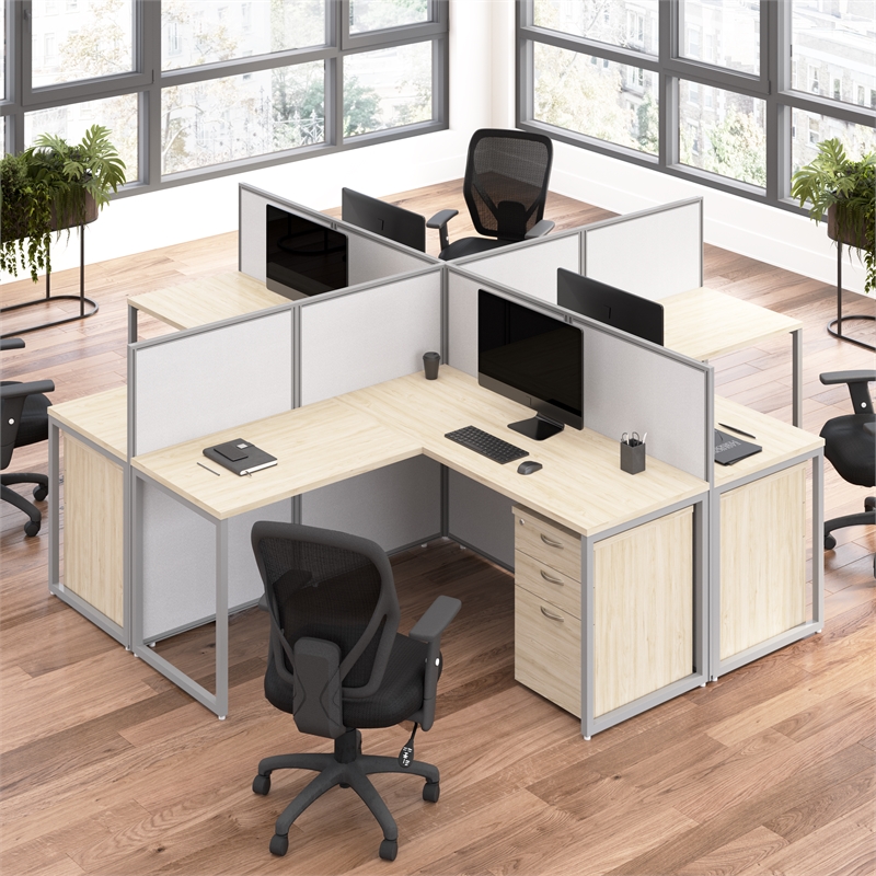 Easy Office Cubicle Desk with Tall Panels in Natural Elm - Engineered Wood
