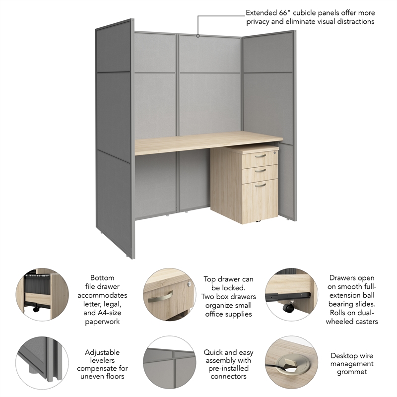 Easy Office Cubicle Desk with Drawers in Natural Elm - Engineered Wood