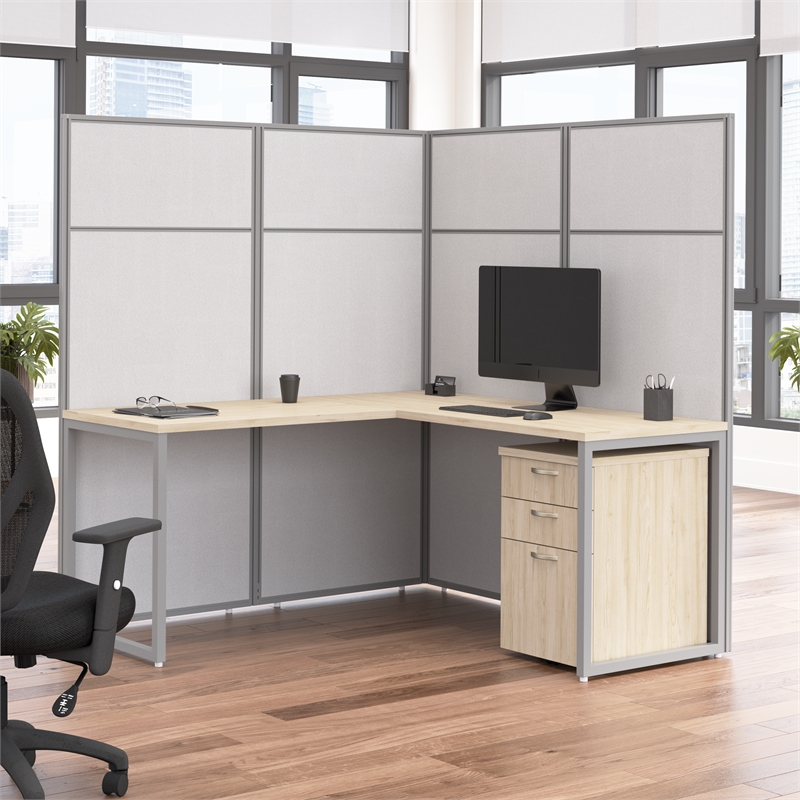 Easy Office L Shaped Cubicle Desk with Drawers in Natural Elm - Engineered Wood