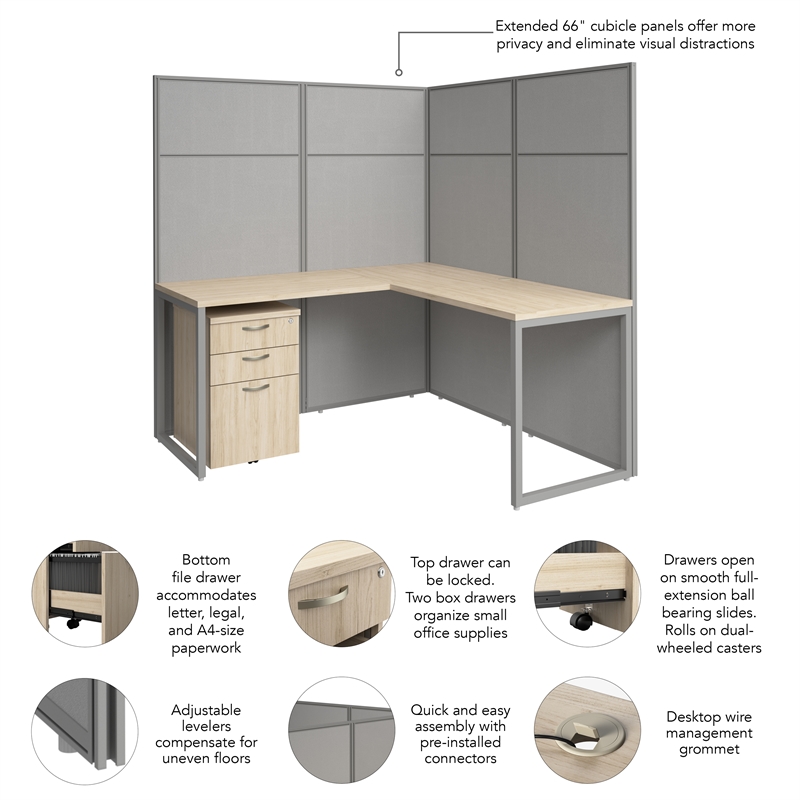 Easy Office L Shaped Cubicle Desk with Drawers in Natural Elm - Engineered Wood