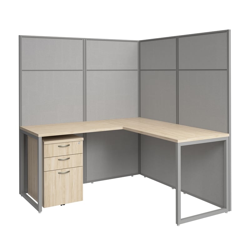 Easy Office L Shaped Cubicle Desk with Drawers in Natural Elm - Engineered Wood