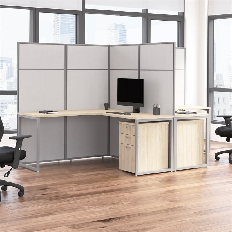 Easy Office 2 Person L Cubicle Desk w/ Drawers in Natural Elm - Engineered Wood
