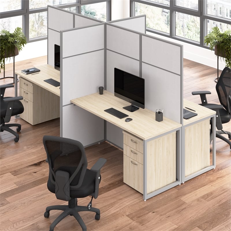 Easy Office 4 Person Cubicle Desk with Drawers in Natural Elm - Engineered Wood