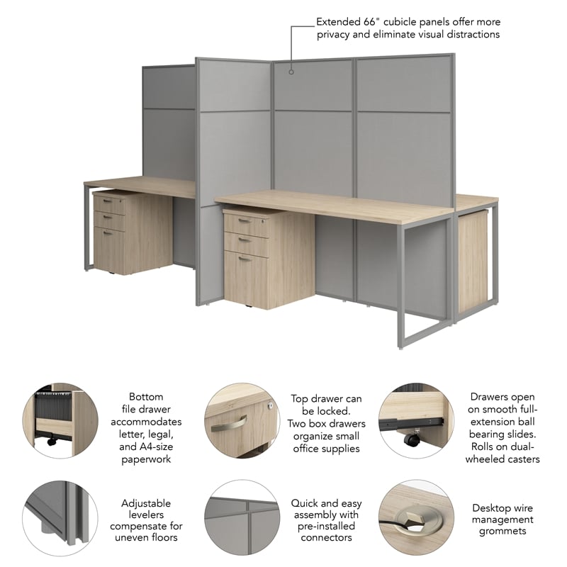 Easy Office 4 Person Cubicle Desk with Drawers in Natural Elm - Engineered Wood