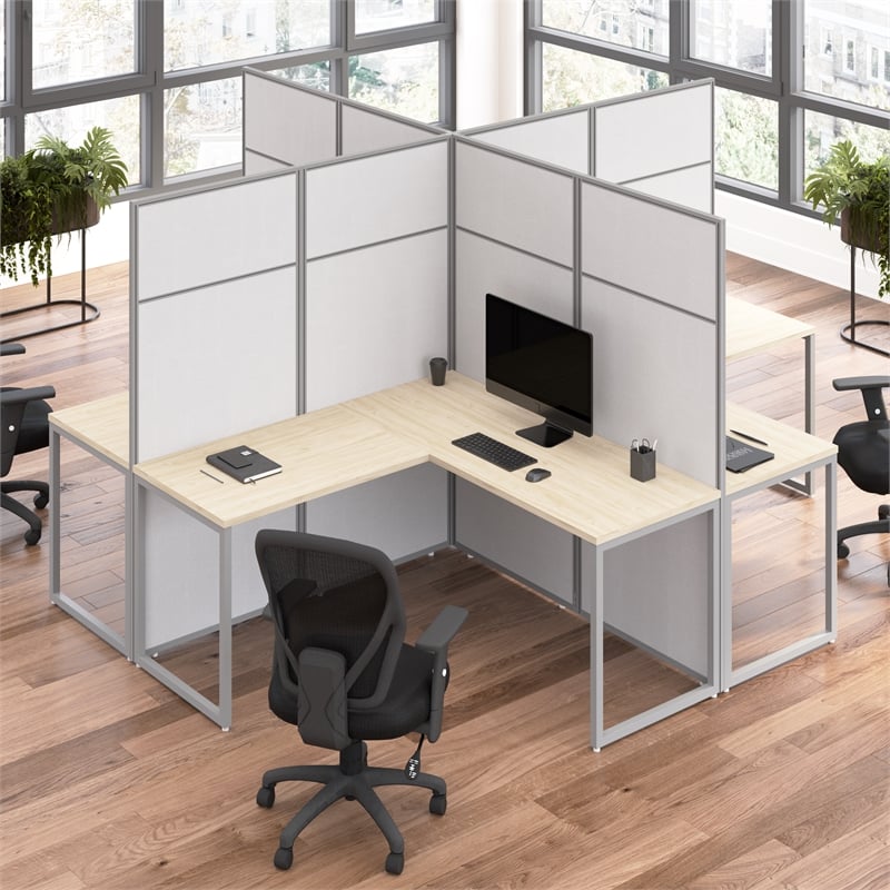 Easy Office 4 Person L Shaped Cubicle Desk in Natural Elm - Engineered Wood