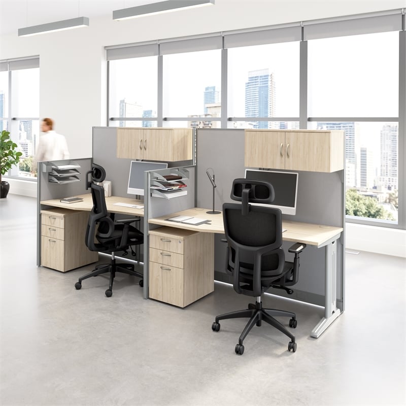 Office in an Hour 2 Person Cubicle Desk Set in Natural Elm - Engineered Wood