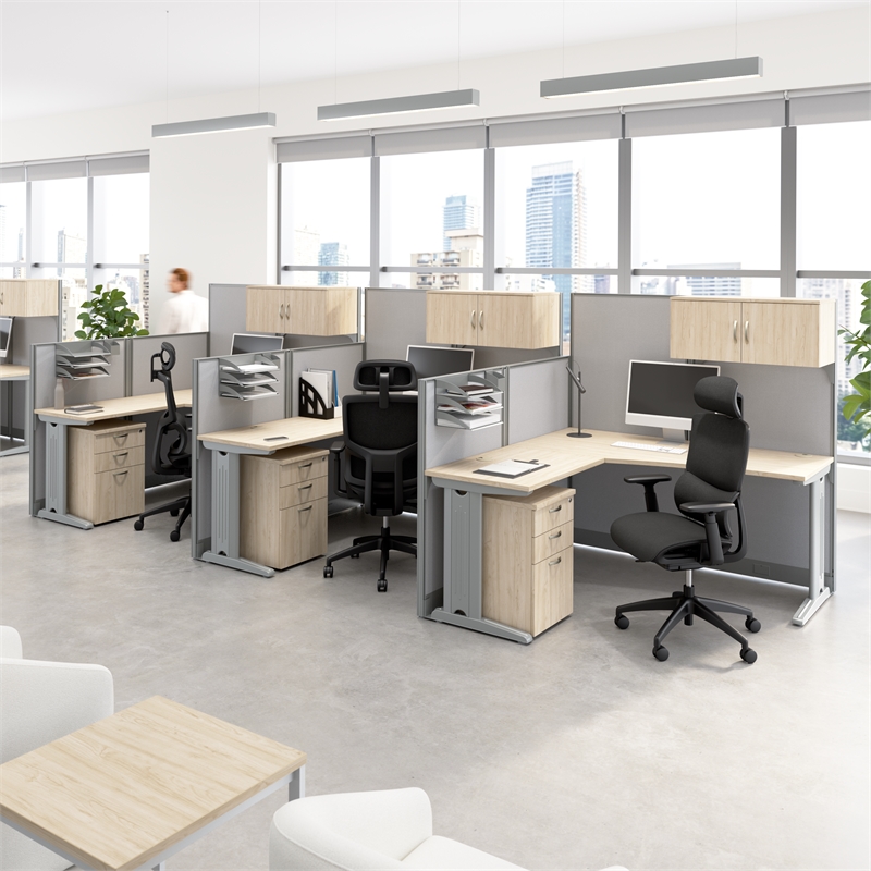 Office in an Hour 3 Person L Cubicle Desk Set in Natural Elm - Engineered Wood