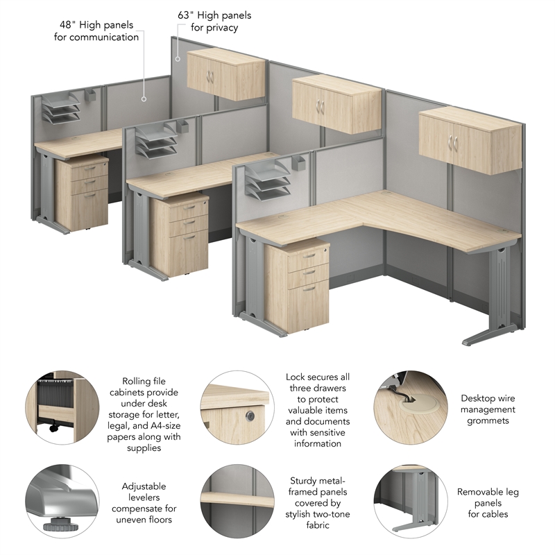 Office in an Hour 3 Person L Cubicle Desk Set in Natural Elm - Engineered Wood