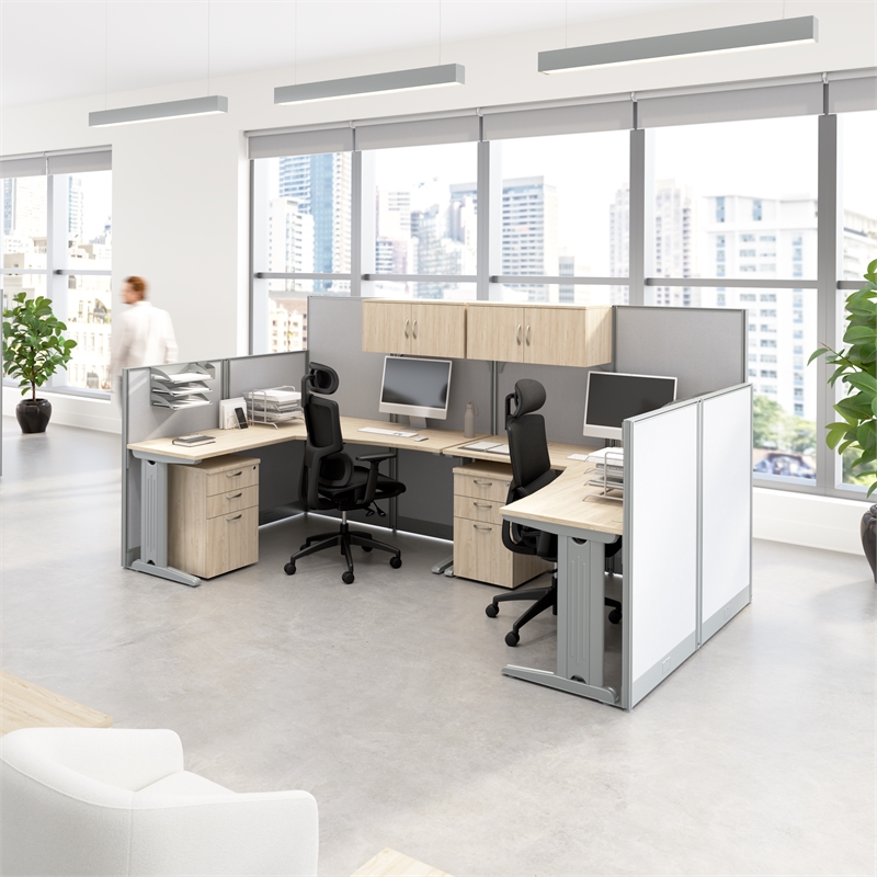 Office in an Hour 2 Person L Cubicle Desk Set in Natural Elm - Engineered Wood