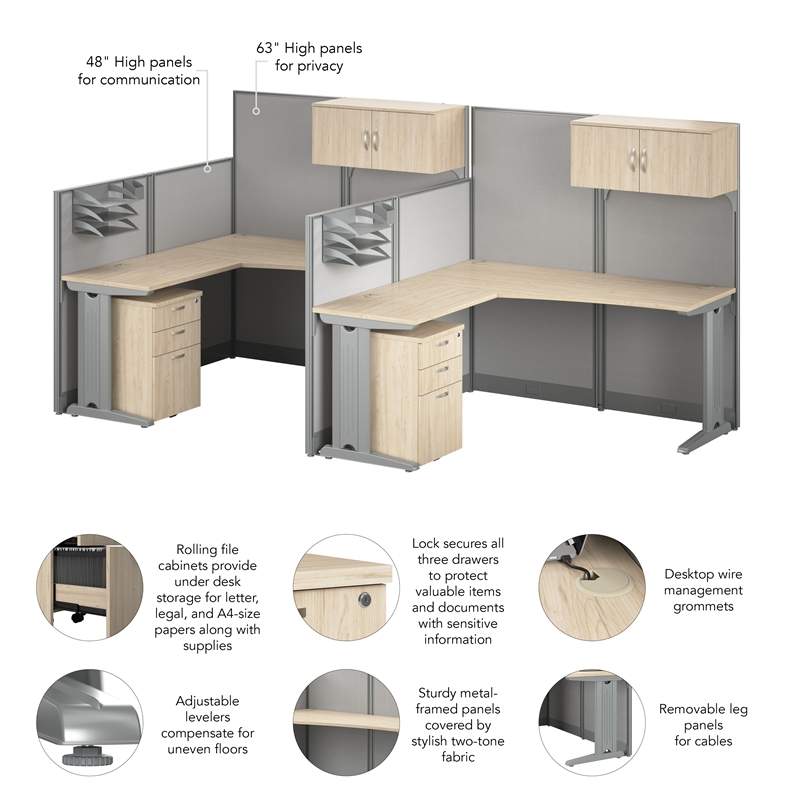 Office in an Hour 2 Person L Cubicle Desk Set in Natural Elm - Engineered Wood