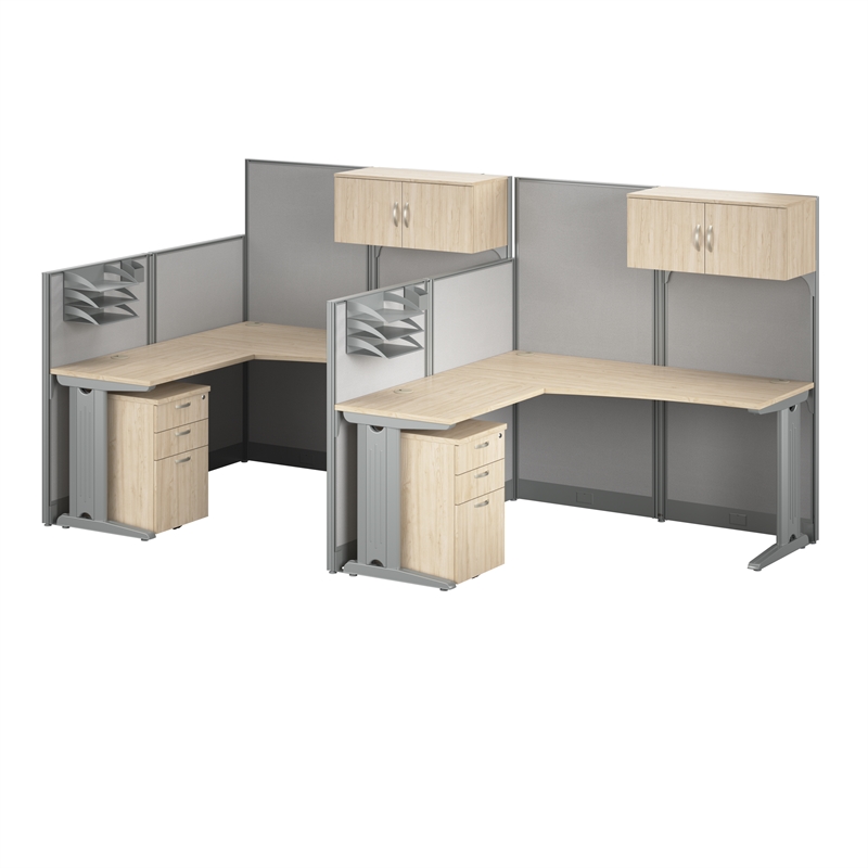Office in an Hour 2 Person L Cubicle Desk Set in Natural Elm - Engineered Wood