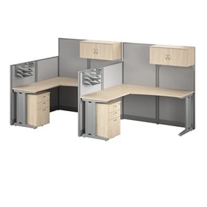 Office in an Hour 2 Person L Cubicle Desk Set in Natural Elm - Engineered Wood