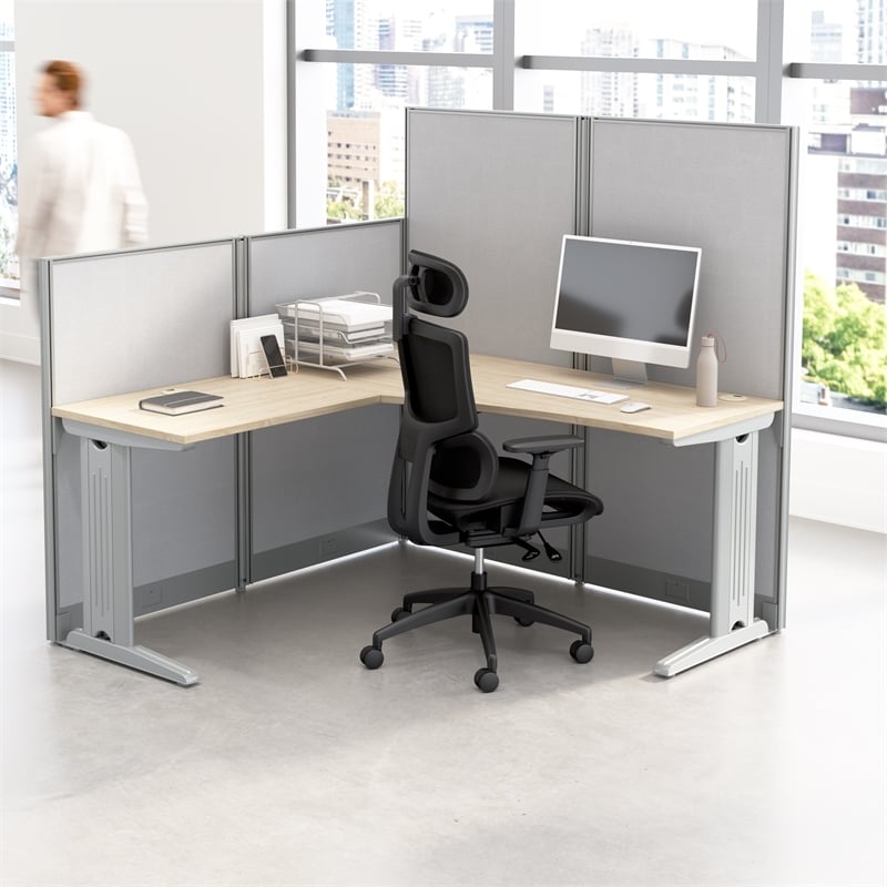 Office in an Hour 65-inch L Shaped Cubicle Desk in Natural Elm - Engineered Wood