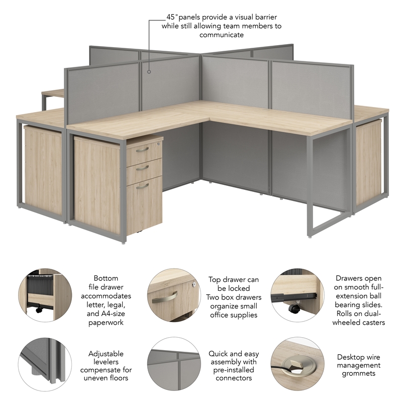 Easy Office 4 Person L Cubicle Desk w/ Drawers in Natural Elm - Engineered Wood