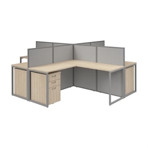 Easy Office 4 Person L Cubicle Desk w/ Drawers in Natural Elm - Engineered Wood
