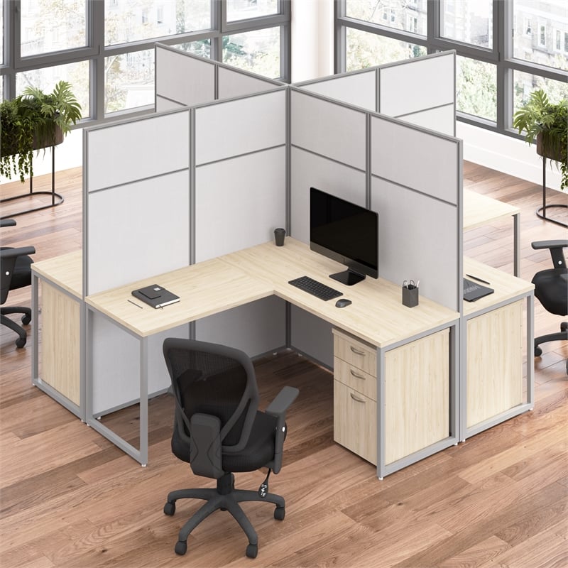 Easy Office 4 Person L Cubicle Desk w/ Drawers in Natural Elm - Engineered Wood