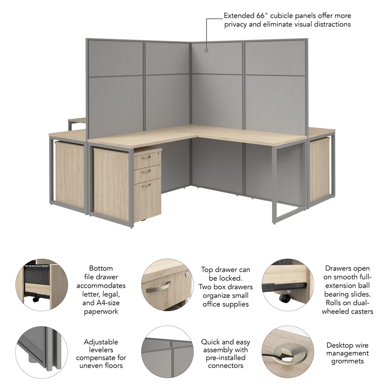 Easy Office 4 Person L Cubicle Desk w/ Drawers in Natural Elm - Engineered Wood