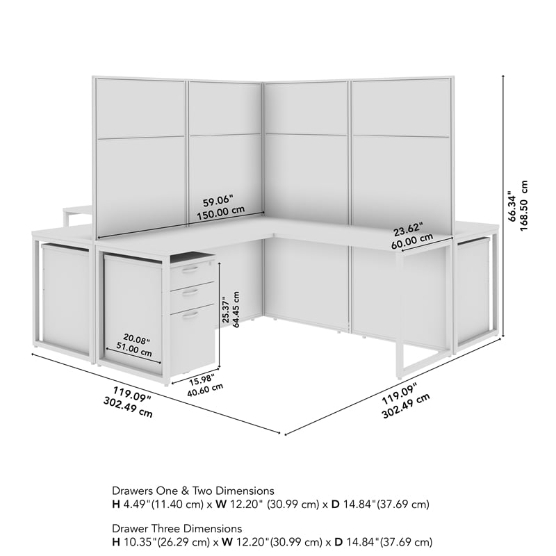 Easy Office 4 Person L Cubicle Desk w/ Drawers in Natural Elm - Engineered Wood