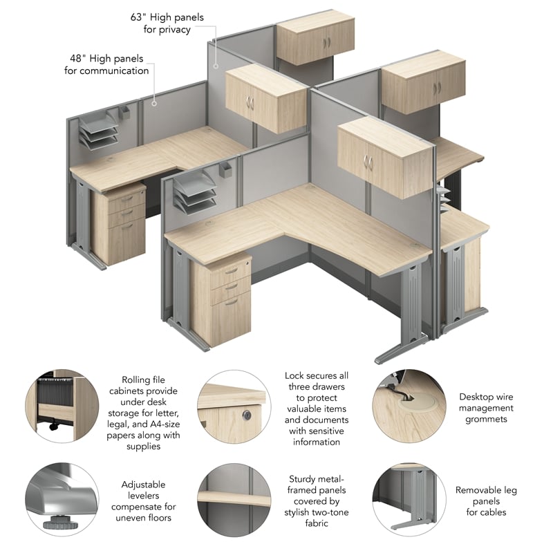 Office in an Hour 4 Person L Cubicle Desk Set in Natural Elm - Engineered Wood