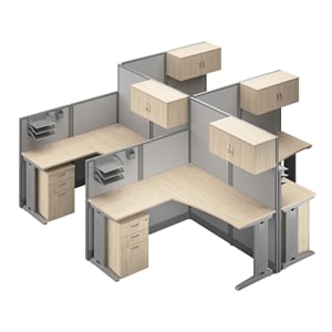 Office in an Hour 4 Person L Cubicle Desk Set in Natural Elm - Engineered Wood