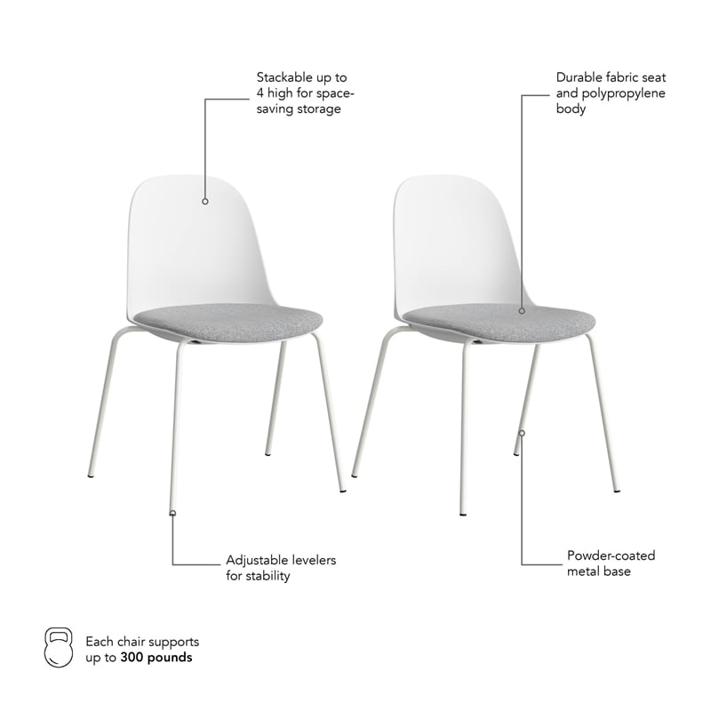 Gather Set of 2 Stackable Cafe Chairs w/ Upholstered Seats in White/Fog Fabric