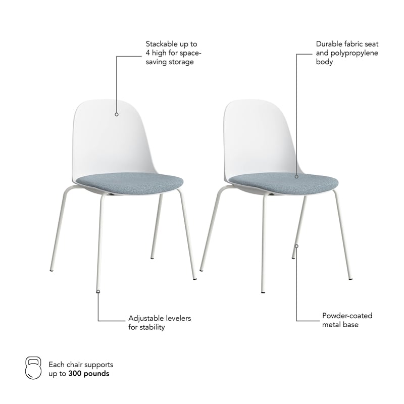 Gather Set of 2 Stackable Cafe Chairs w/ Upholstered Seats in White/Mist Fabric