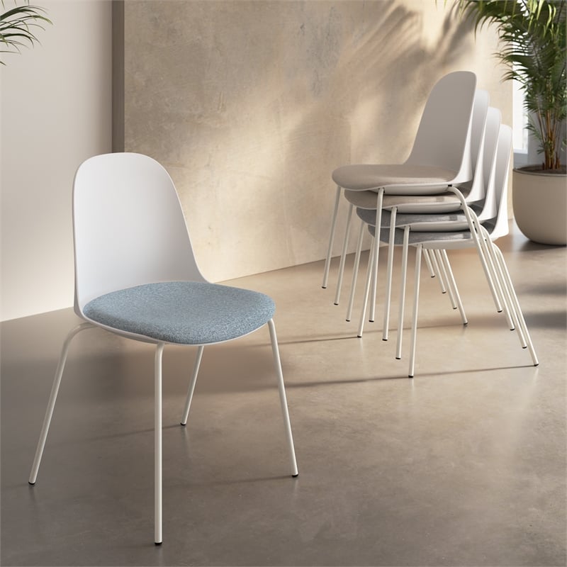Gather Set of 2 Stackable Cafe Chairs w/ Upholstered Seats in White/Mist Fabric