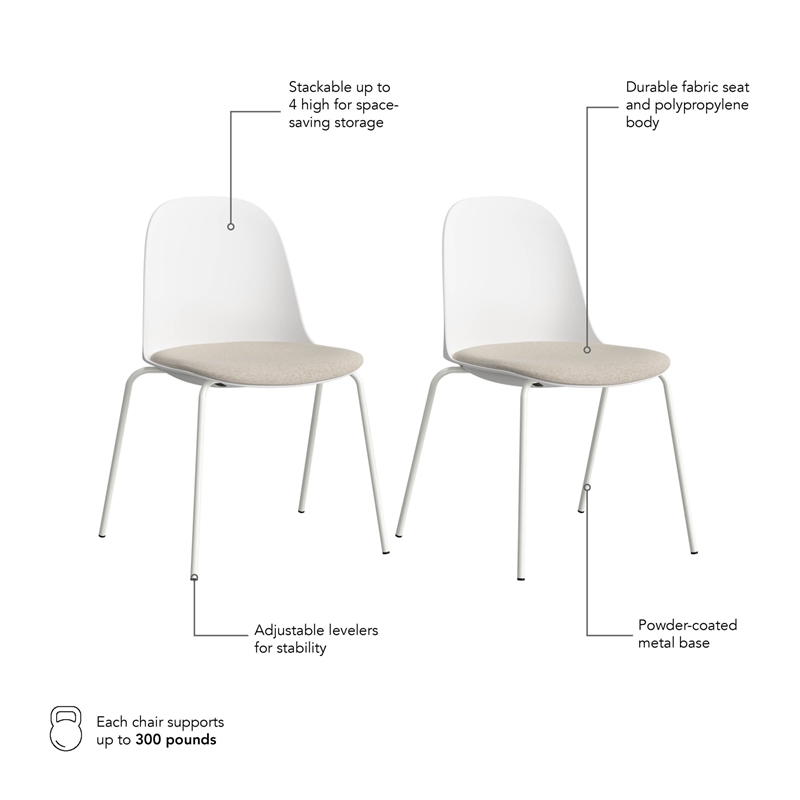 Gather Set of 2 Stackable Cafe Chairs w/ Upholstered Seats in White/Oat Fabric